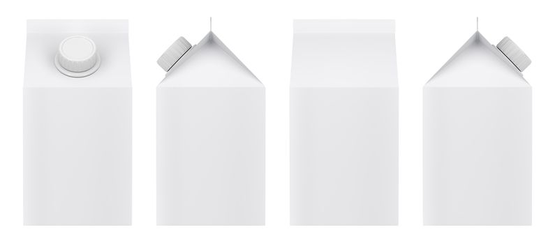 Blank milk carton isolated on white background. Front, back and side view.