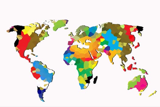 Roughly outlined world map with a colorful background patterns