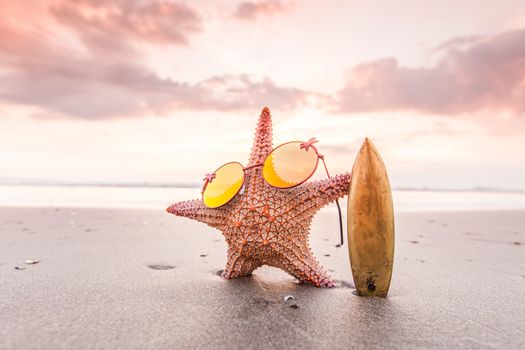 Starfish surfer on the beach and beautiful sunset on Bali on background