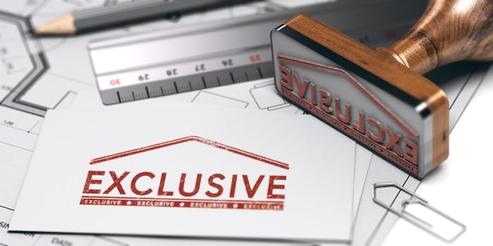 3d Illustration of a card with the word exclusive printed in red and a rubber stamp over blueprint. Real estate agency concept