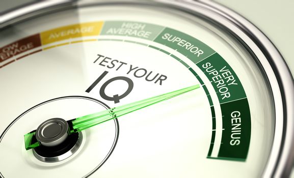 Concept of IQ testing, conceptual gauge with needle pointing very superior intelligence quotient.