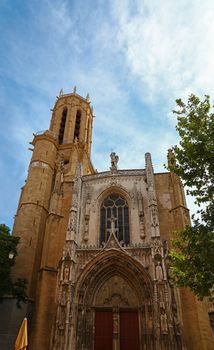 Front view of famous Aix Cathedral of the Holy Saviour (Saint-Sauveur) in Aix-en-Provence, Southern France, it includes Romanesque, Gothic and Neo-Gothic elements