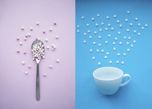 Combo photo spoon with balls versus cup of snowflakes on pink and blue background