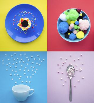 Combo of four photo plate, bowl, spoon and cup on colorful background