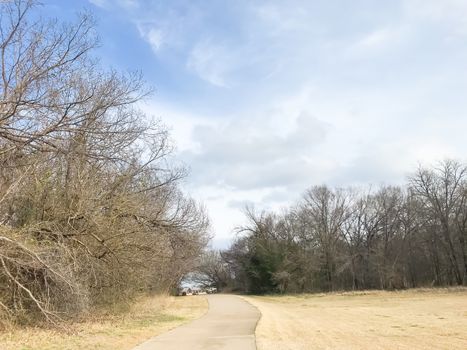 Concrete pathway in natural park near Dallas, Texas, USA in wintertime with bare trees