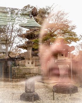 Double exposure of traveller and five story pagoda