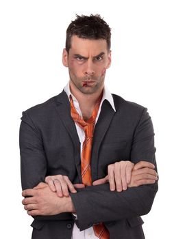 Close up of a businessman with bloody lip, beaten and bruised, isolated, 4 hands