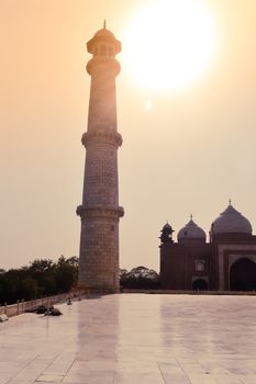 Taj Mahal, Agra, January 2019: One of the four pillars (minarets) of Taj Mahal (a perfectly symmetrical building) around main dome were built to slant away slightly in case they were to collapse.