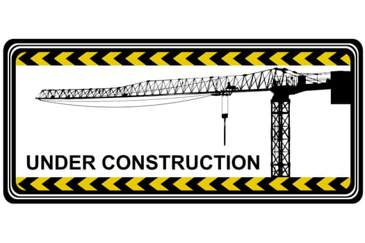 Under construction banner with crane silhouette