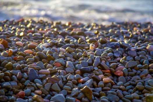 Abstract background with wet sea pebbles, lit by the rising sun on the beach.