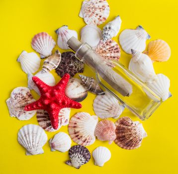 white seashells and starfish with message in a glass bottle on yellow background