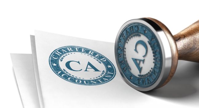 Chartered Accountant Certification. Blue Stamp Printed on a sheet of Paper Over White Background. 3d illustration