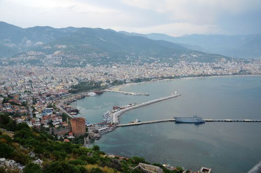 Beautiful panorama of the Bay of Antalya, old harbour and tower.