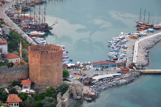 Beautiful panorama of the Bay of Antalya, old harbour and tower.