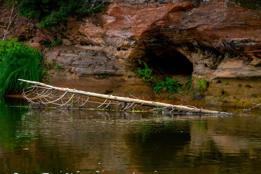 Closeup of sandstone cliff formation with cave on bank of river Gauja in Latvia. Log in the river near the cliff. Gauja is the longest river in Latvia, which is located only in the territory of Latvia. 