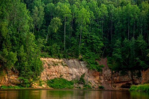 Landscape with cliff, flowing river and green forest in Latvia. Gauja is the longest river in Latvia, which is located only in the territory of Latvia. 