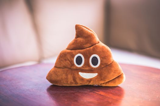 Poop emoji pillow, funny concept, fluffy plush toy, nice bright photograph.