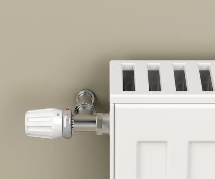 Heating radiator with thermostat valve attached on brown wall
