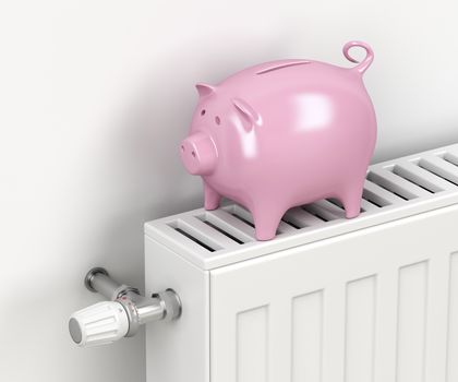 Piggy bank on central heating radiator. Concept image for saving money on heating. 