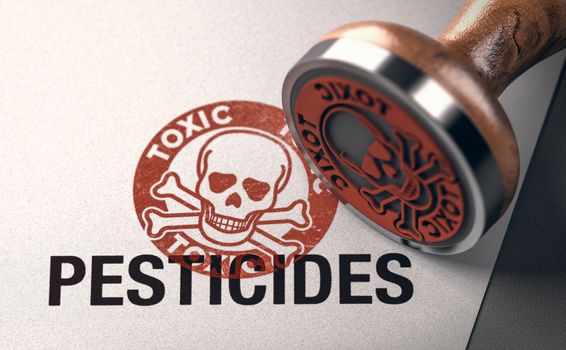 3d illustration of a rubber stamp with a skull silhouette and the words toxic and pesticides printed on paper background. Concept of chemicals toxicity.