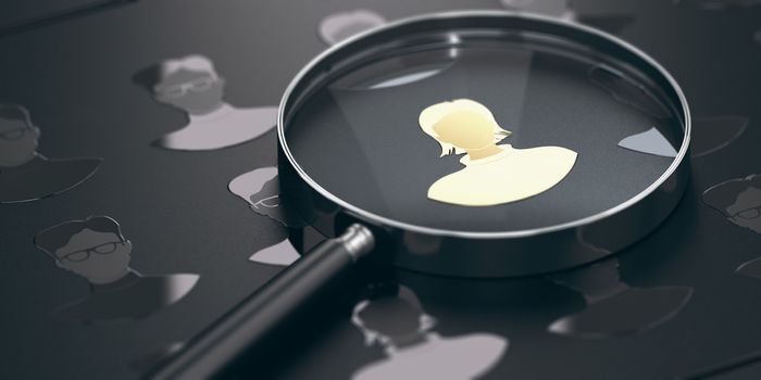 Black background with silhouettes of men and women with focus on a golden talent and a magnifying glass. Staffing concept. 3D illustration