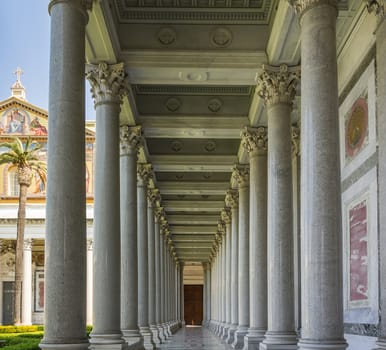 Colonnade in the courtyard of the basilica of St Paul outside the walls in Rome