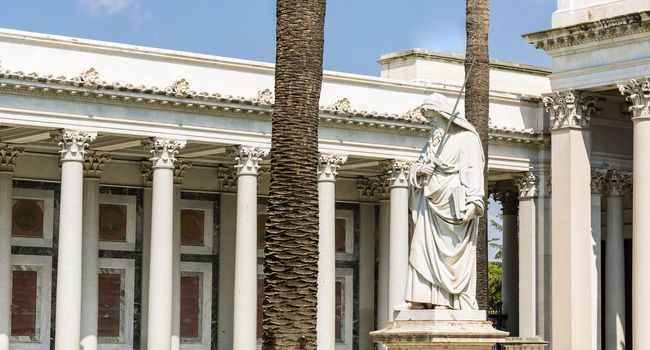 The statue of Saint Paul with his sword drawn inside the courtyard of the Basilica Church of Saint Paul Outside the Walls in Rome