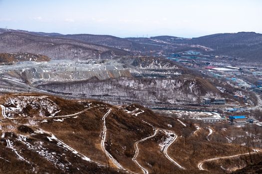 Quarry in the city of Vladivostok. Andesite mining and crushed stone production .