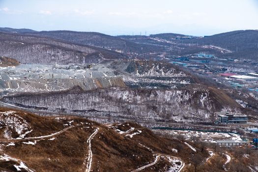 Quarry in the city of Vladivostok. Andesite mining and crushed stone production .