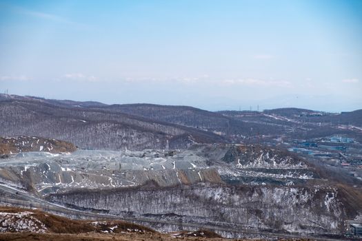 Quarry in the city of Vladivostok. Andesite mining and crushed stone production .