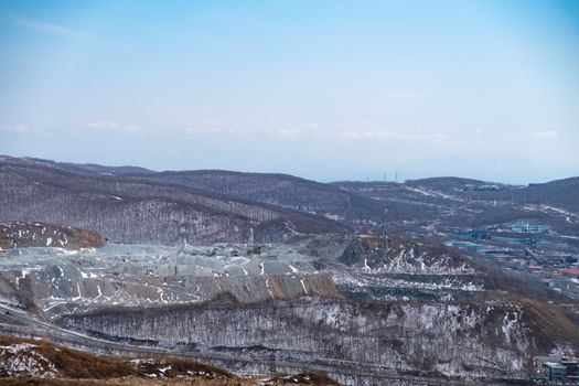 Quarry in the city of Vladivostok. Andesite mining and crushed stone production .