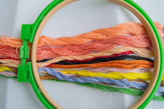 Embroidery Hoop with canvas and bright sewing threads for table embroidery on white background, top view.