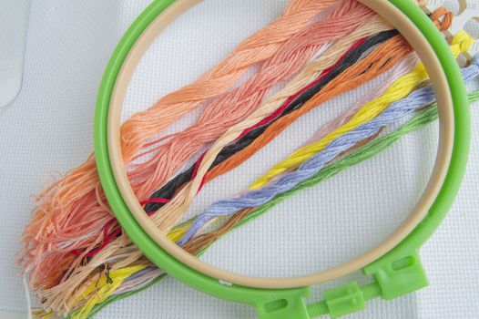 Embroidery Hoop with canvas and bright sewing threads for table embroidery on white background, top view.