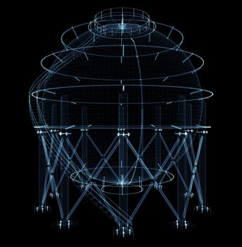 Spherical gas tank consisting of luminous lines and dots. 3d illustration on a black background