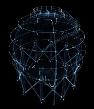 Spherical gas tank consisting of luminous lines and dots. 3d illustration on a black background