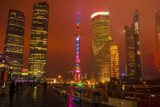 Shanghai Bund Skyline at night. Skyscrapers of Shanghai in night illumination.