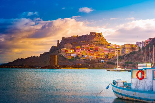 Aerial view of landscape, boats, and port of city Castelsardo, one of the most beautiful city in Sardinia, Italy.