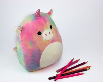 Fumnny unicorn soft toy dye colored round shaped with purple toned pencils on white back ground. Copy space.