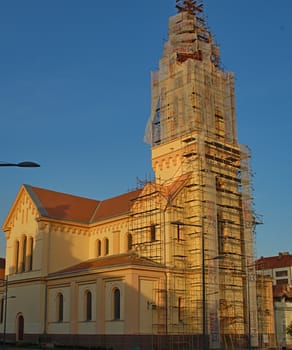 Orthodox Church with tower in process of reconstruction