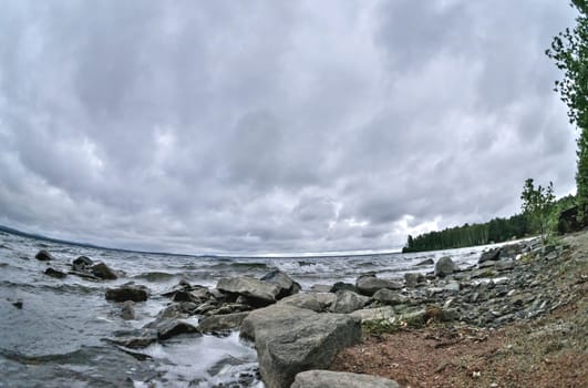 rocky shore with lake view, South Ural lake Uvildy