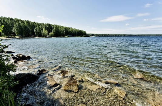 rocky shore with lake view, South Ural lake Uvildy