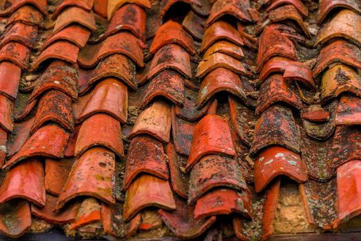 close-up of shingles on the roof of an old house