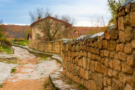 The sights of the Crimea - the old cave city of Chufut-Kale in Bakhchisarai, a fragment of the street