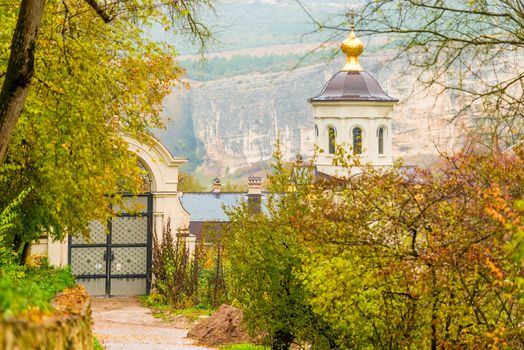 Monastery in the background of a cave city in Bakhchisaray, Crimea, Russia