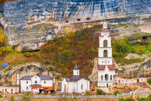 Beautiful monastery in the background of a rock with a cave city in Chufut-Kale, Crimea, Russia