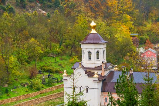 Top view of the monastery with an Orthodox church in the background of the autumn forest