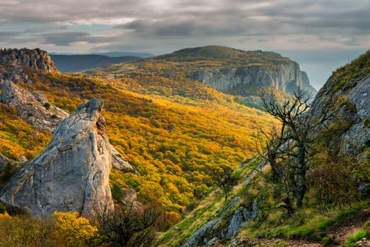 View of the autumn valley in the mountains of Crimea on a sunny day