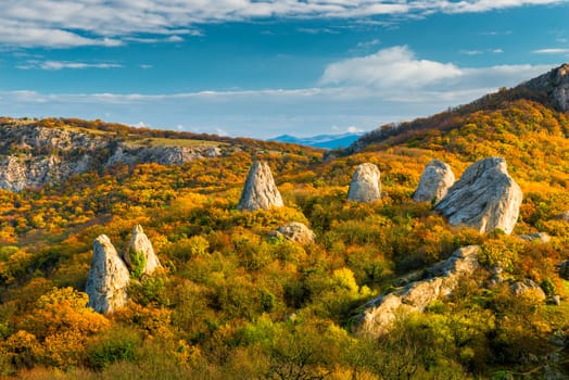 Temple of the Sun - rocks surrounded by forest in the mountains of Crimea, Russia