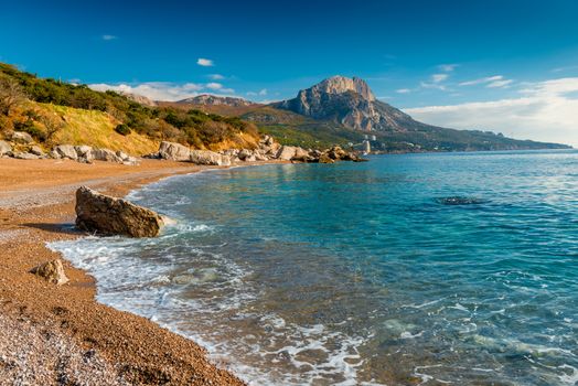 Landscapes of Russia, beautiful sea bay Laspi in Crimea on a sunny day