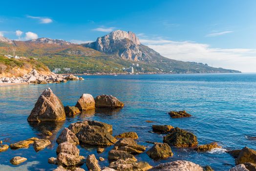 The sea and mountains are a delightful natural landscape on a sunny day. Landscape of Crimea